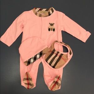 Burberry Girl one piece, bib, hat, new 3 months